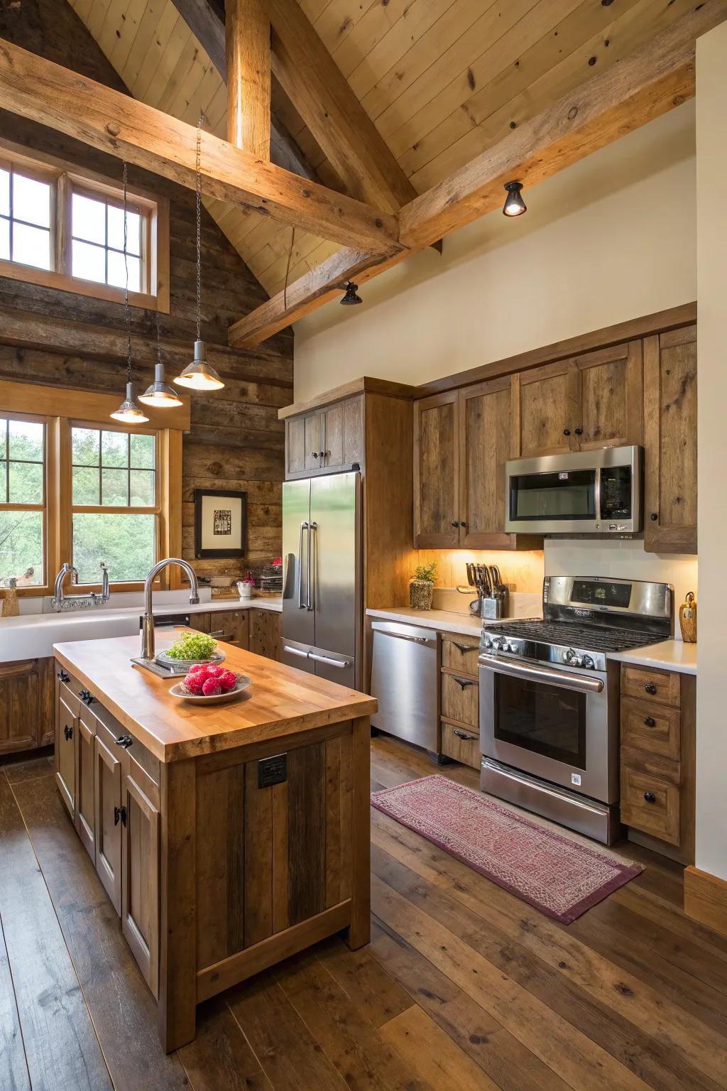 A cooking area combining modern appliances with country-style timber details.