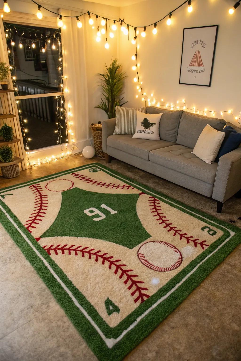 Finalize the transformation with a baseball-themed rug.