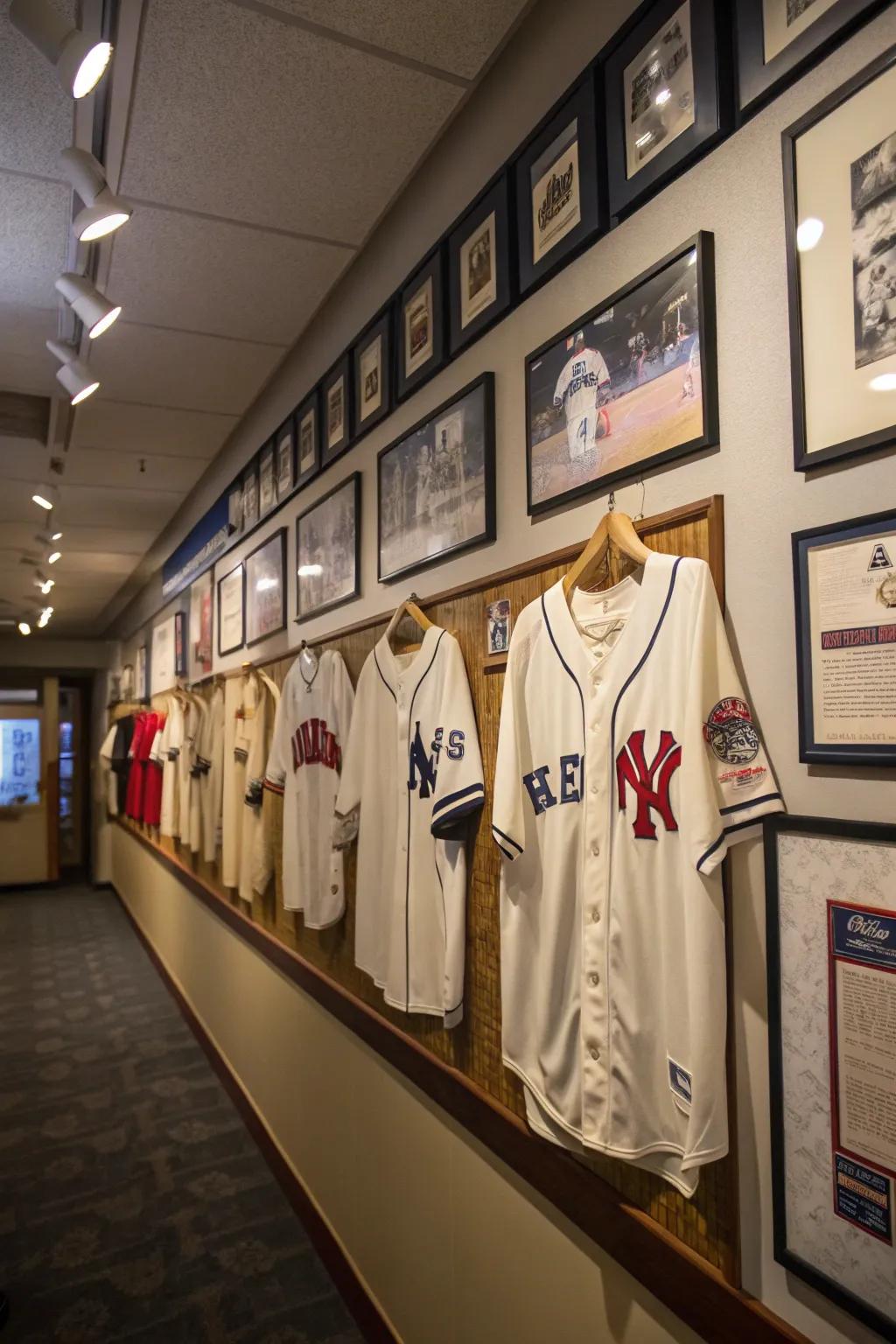 Framed jerseys give a personal and athletic look to the decor.