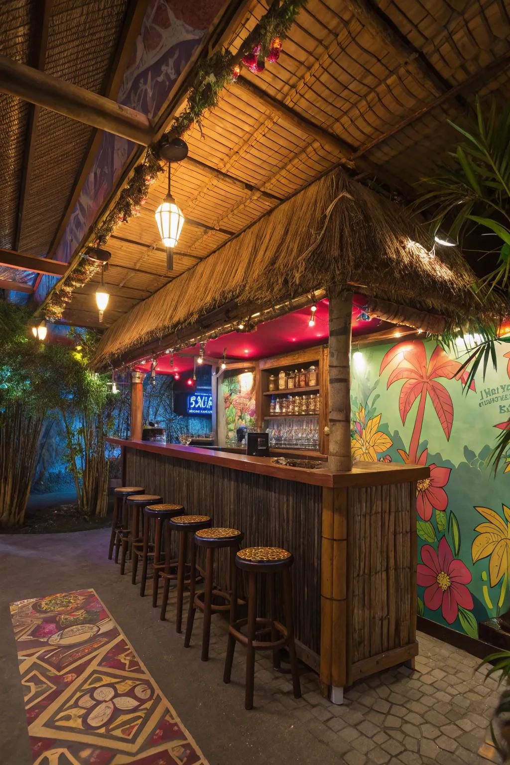 Escape to a tropical paradise with a tiki bar setting.