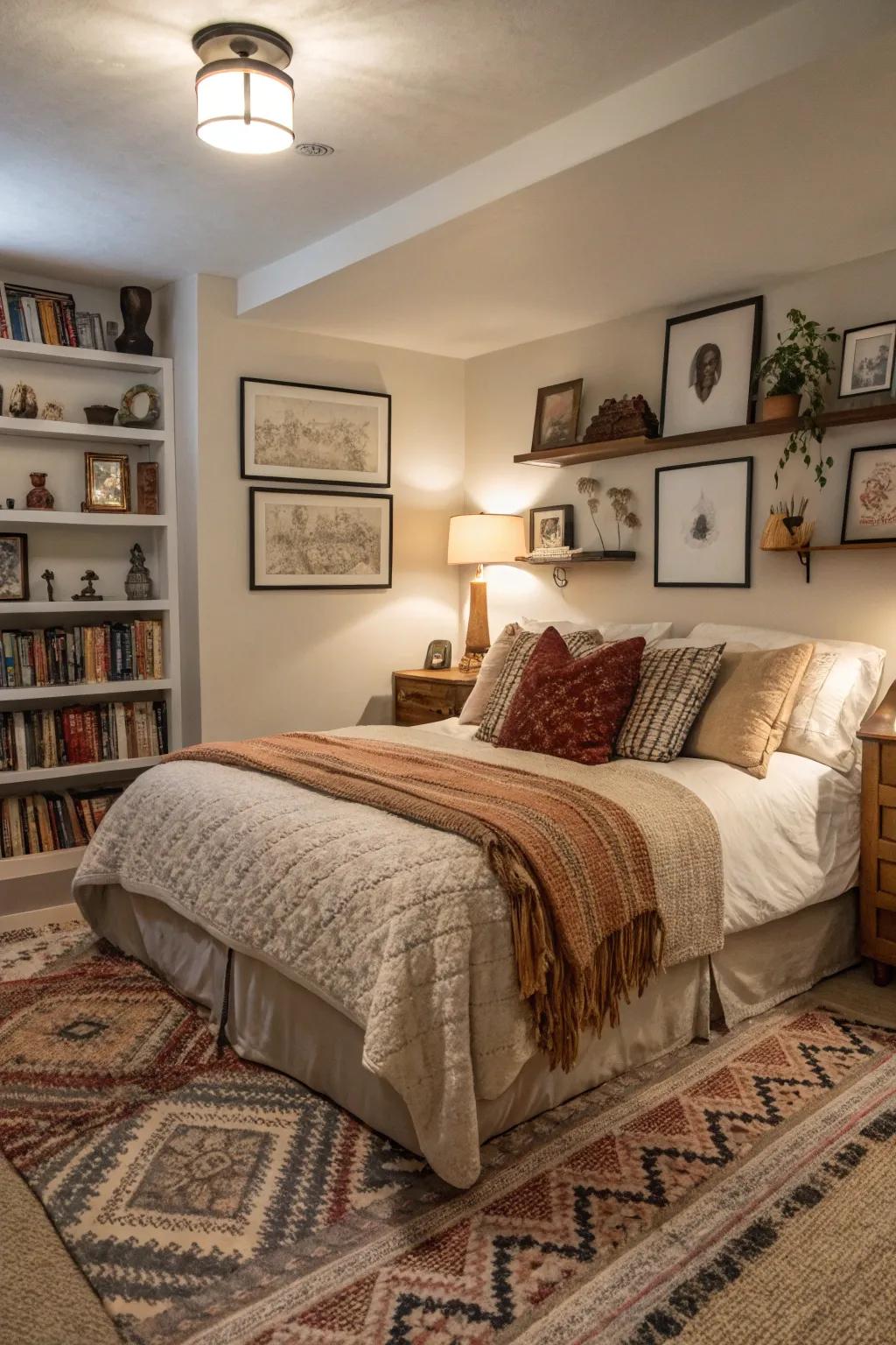 Textiles can transform a basement bedroom into a welcoming refuge.