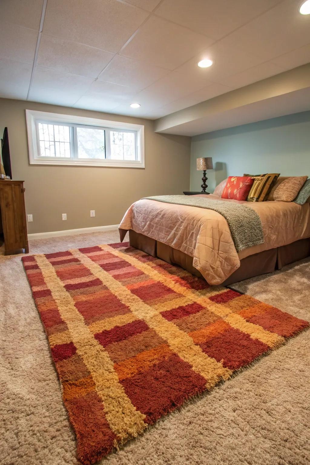 A large plush floor covering adds warmth and comfort to this basement bedroom.