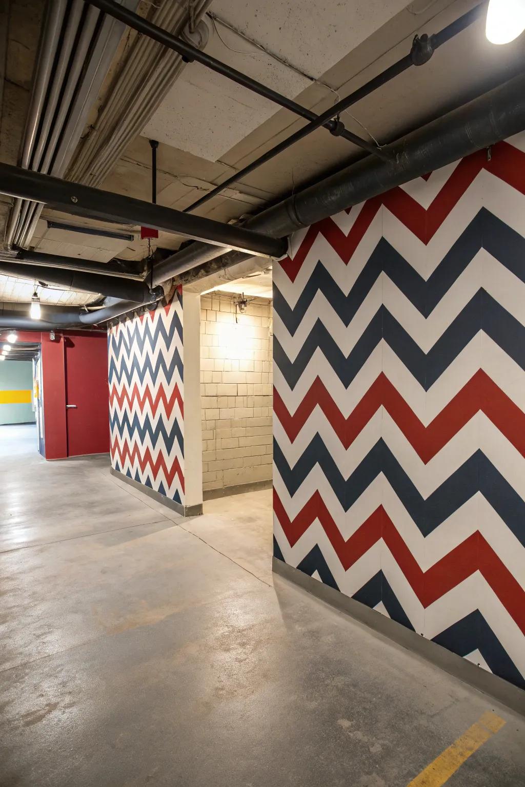 Bold patterns like zigzag can energize and add style to basement walls.