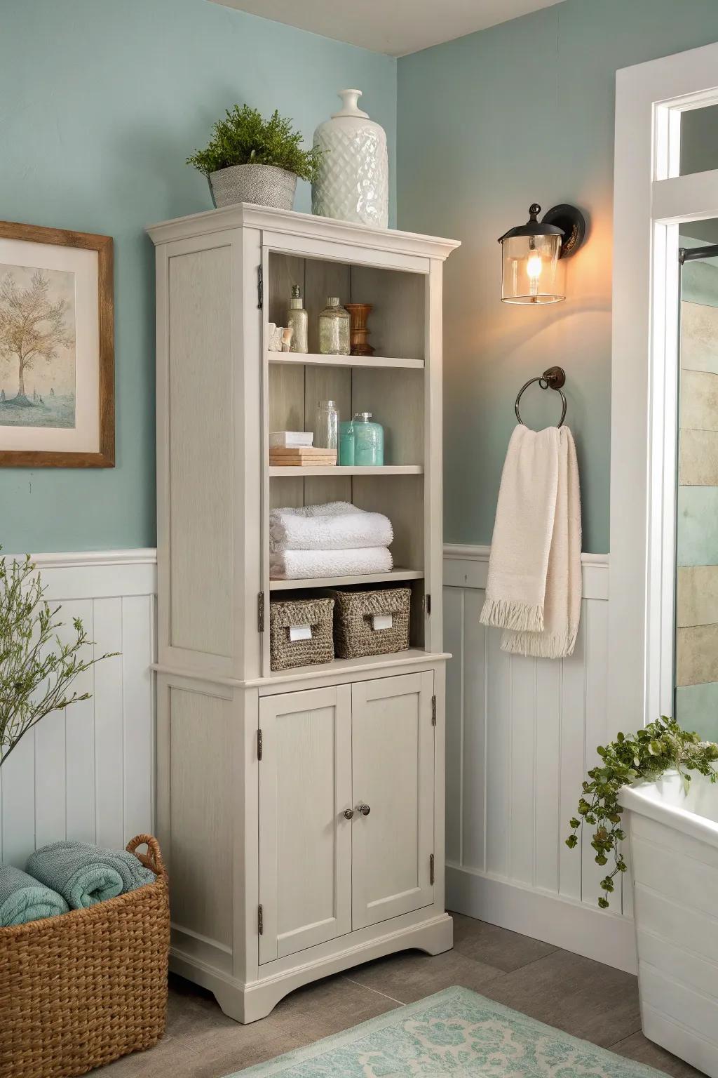 Muted tones establish a peaceful bathroom atmosphere.
