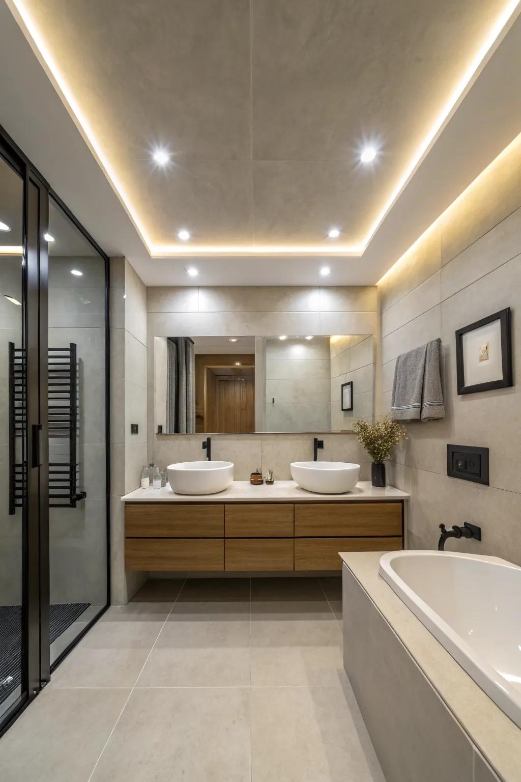 Sleek patterns heighten modern bathroom aesthetics.
