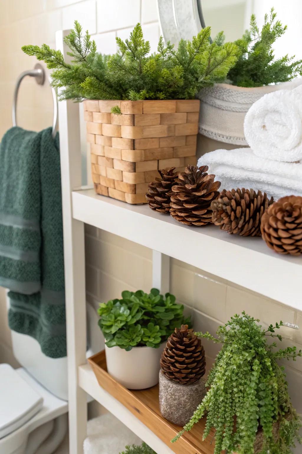 Inherent components like vegetation and cones contribute an organic highlight to this bathroom.