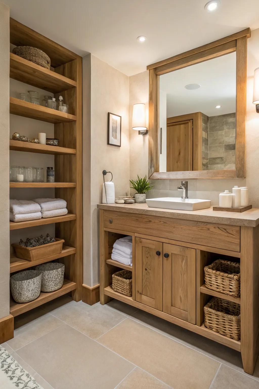 A bathroom where timber details enrich warmth and an organic touch to the decor.