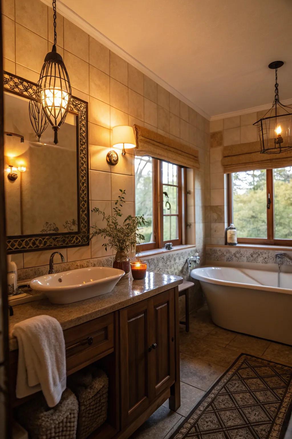 A bathroom with soft illumination that radiates warmth and tranquility.
