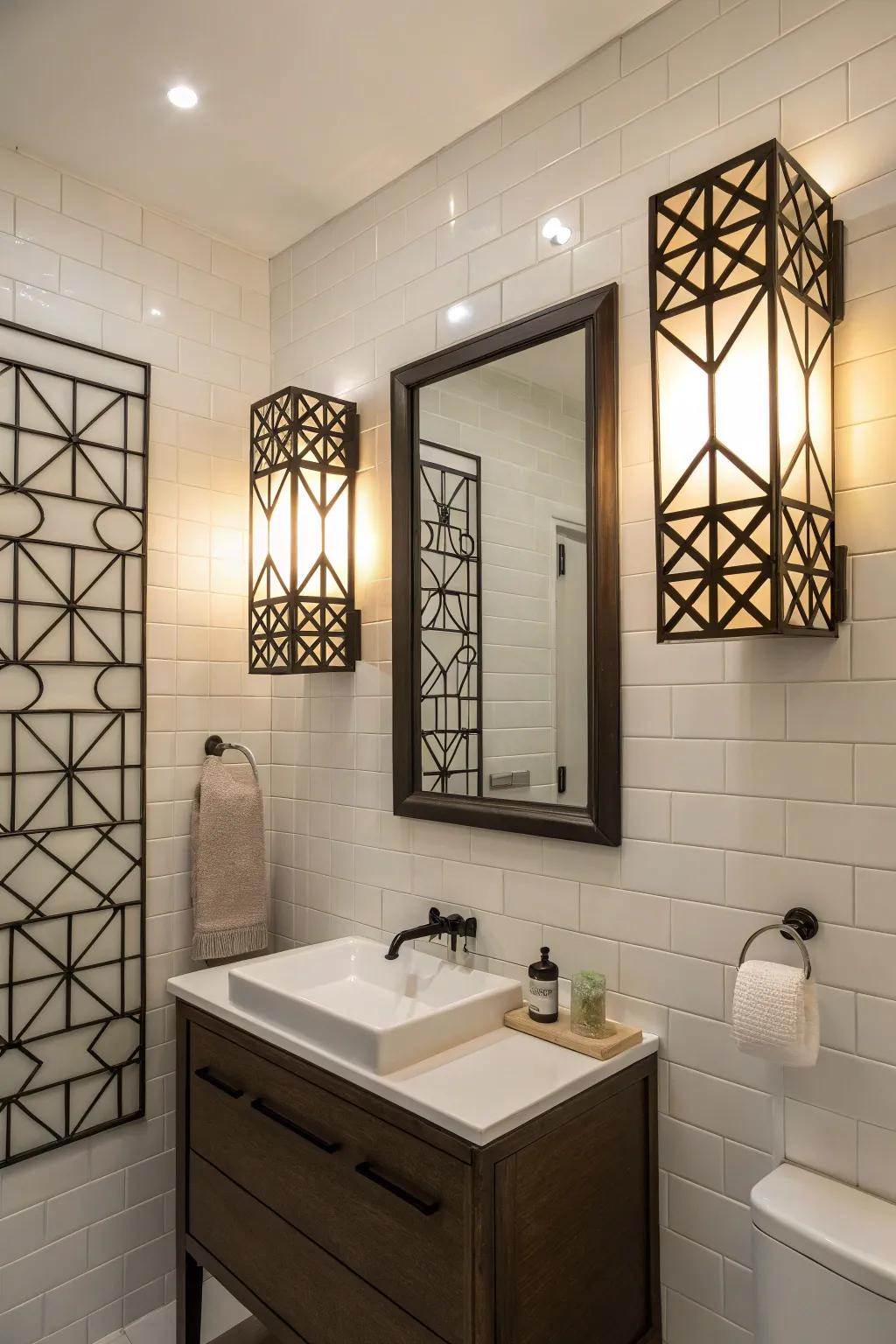 Geometric wall lights add an artistic touch to your bathroom.