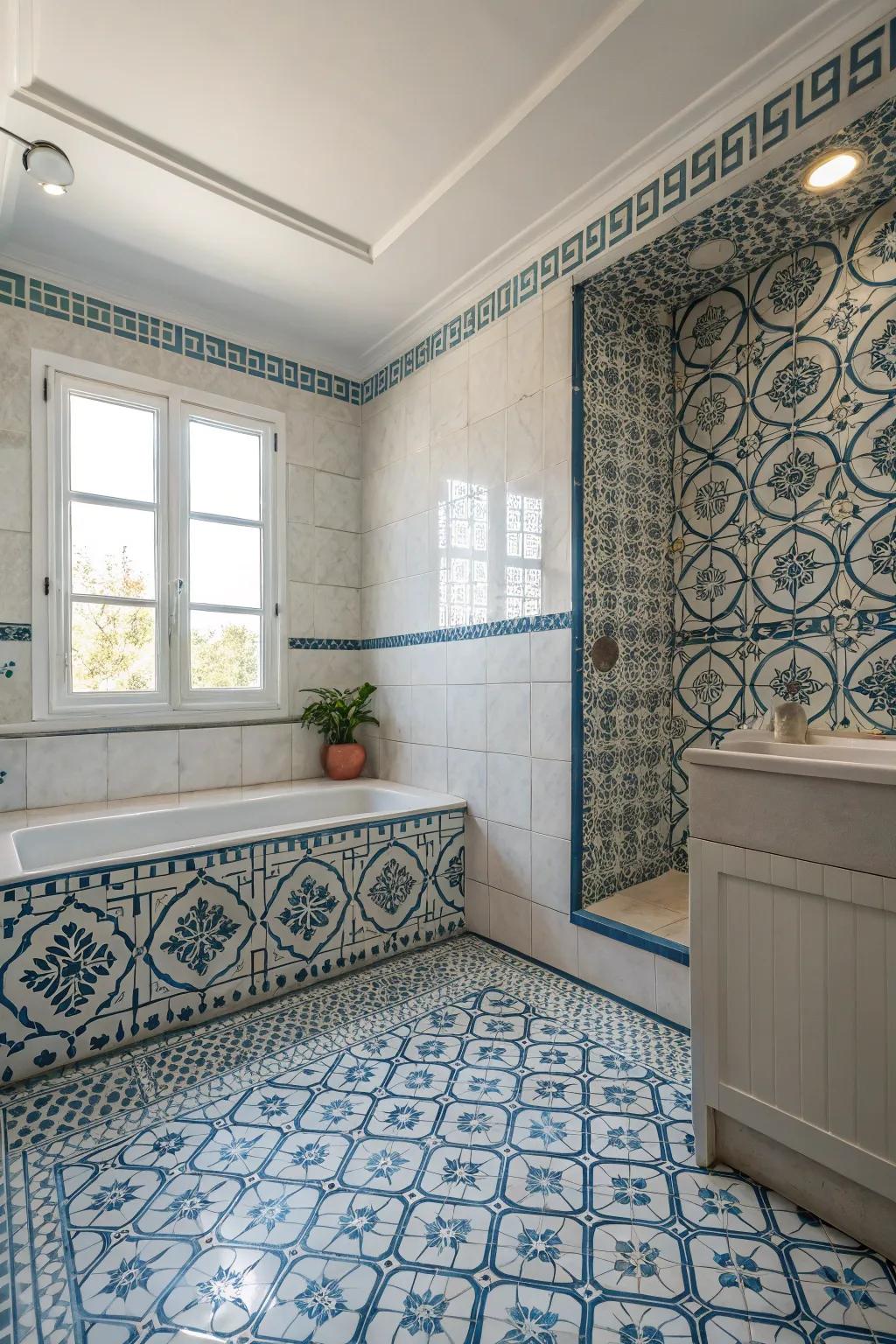 Patterned tile designs create captivating bathroom areas.