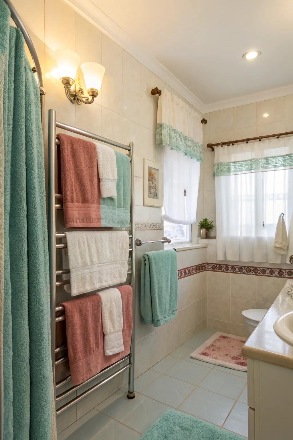 Achieve harmony with a matching scheme of colors for your towels.