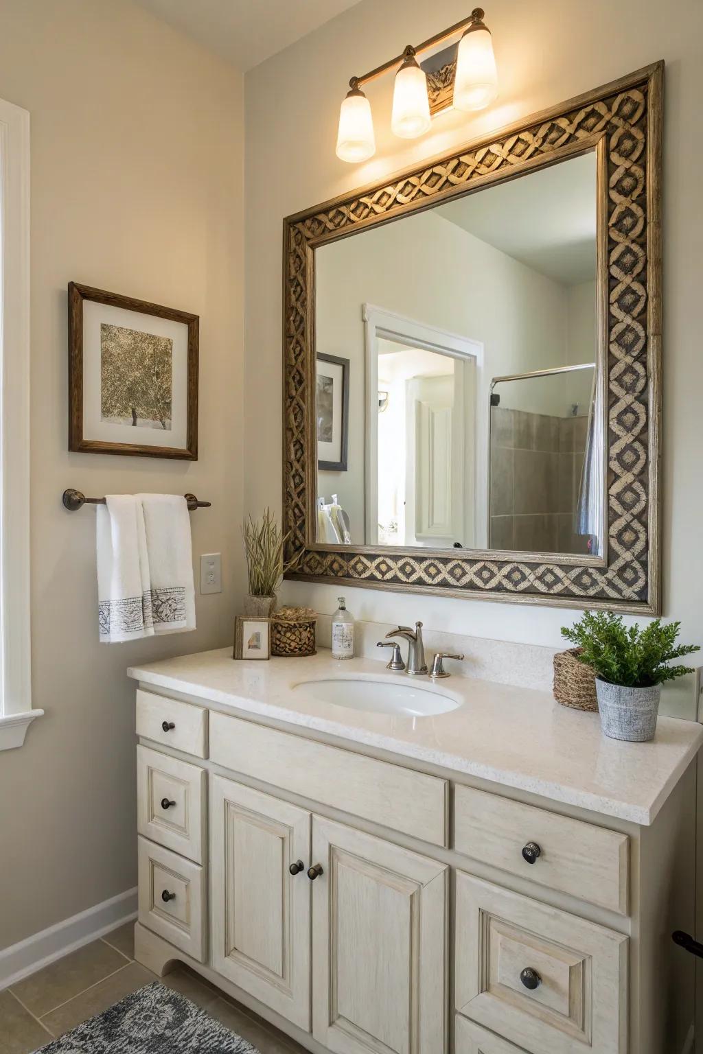 Encased mirrors and vanities contribute sparkle and structure to the lavatory.