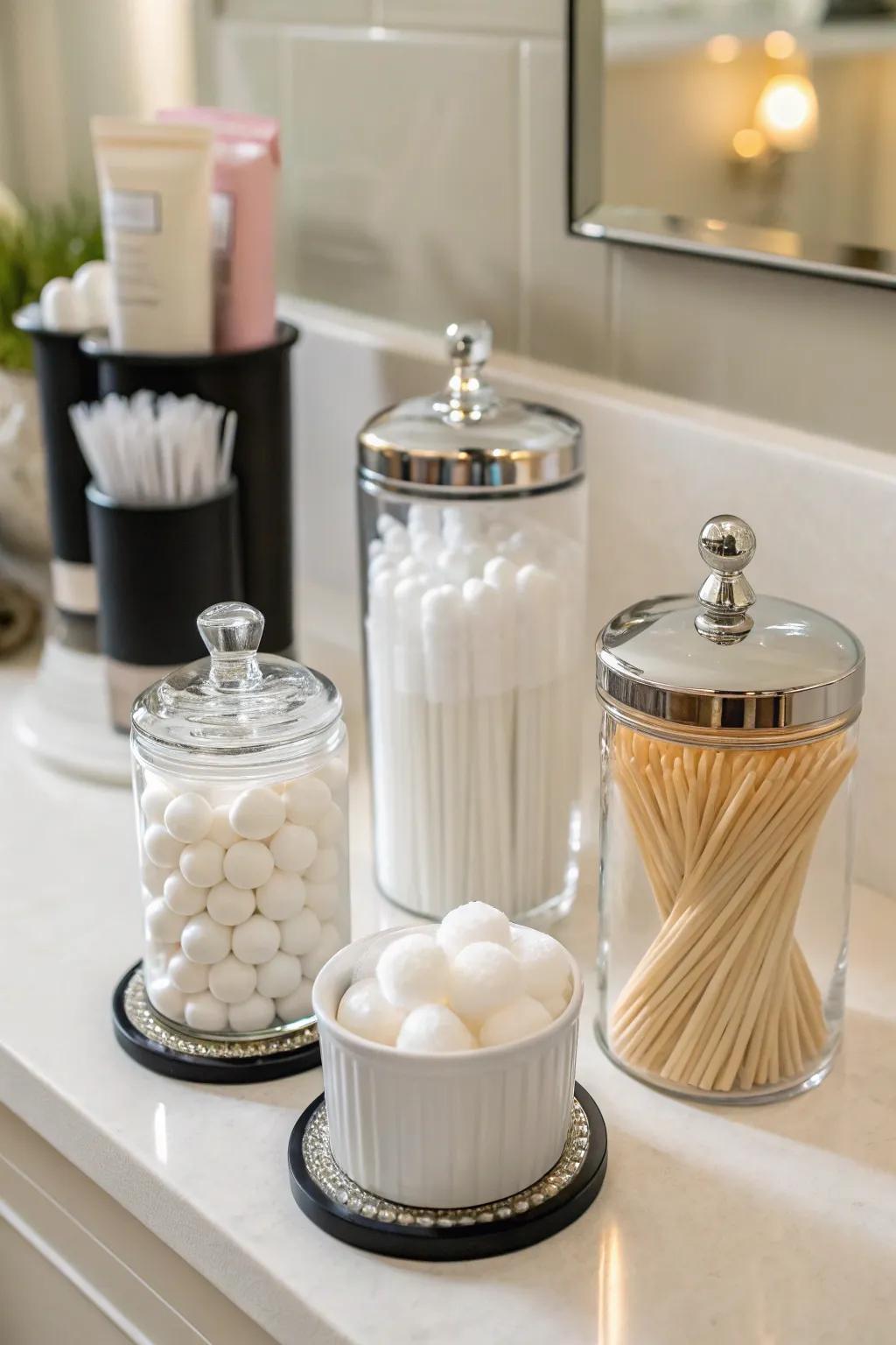 Practical decor uses elegant containers for necessities.