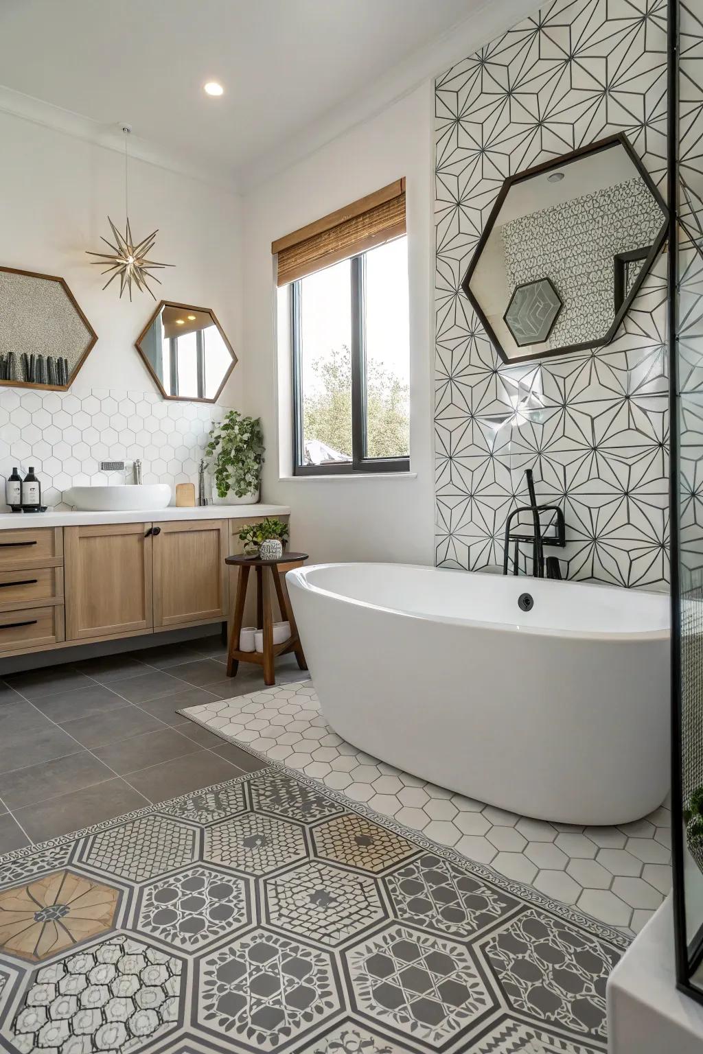 Hexagonal <strong><em>plastic-based floors</em></strong> includes a modern-day and stylish touch to this restroom.” loading=”lazy” class=”pimg”>
	</picture><figcaption>Hexagonal <strong><em>plastic-based floors</em></strong> includes a modern-day and stylish touch to this restroom.</figcaption></figure>
<p>Hexagons are incredibly popular! A <strong><em>hexagonal plastic floor pattern</em></strong> can provide your restroom a fashionable and stylish upgrade.</p>
<h3>Some ideas to consider:</h3>
<ul class=