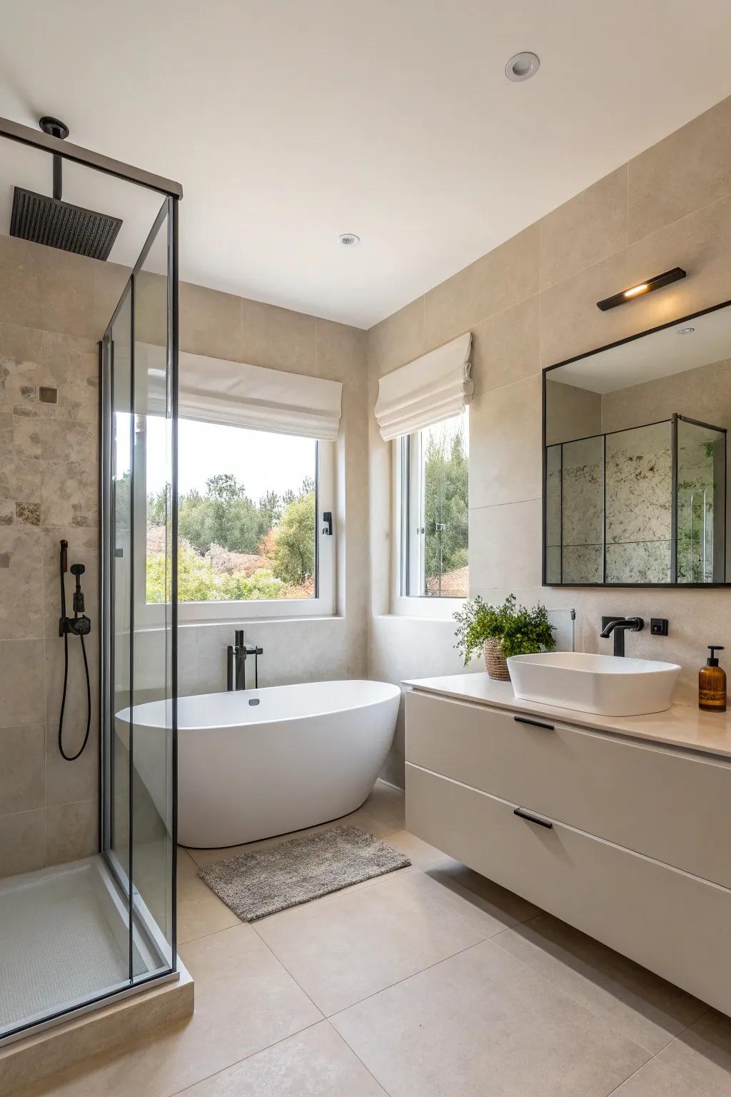 Modern fixtures contribute a smooth and contemporary touch to bathroom walls.