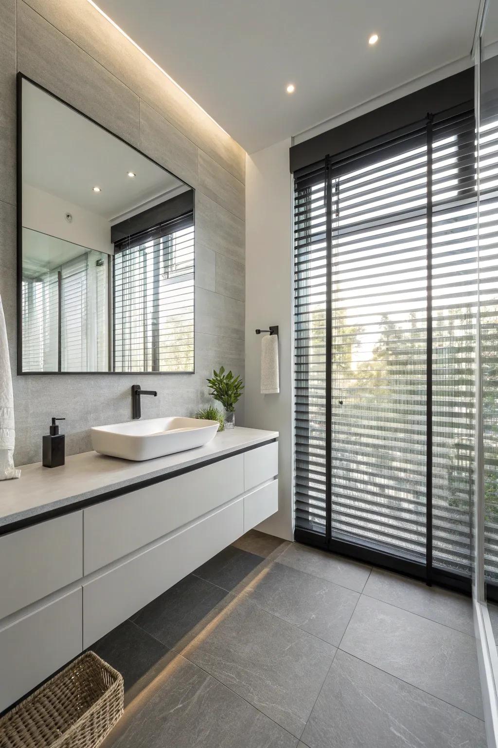 Refined simplicity: Modern blinds accentuate contemporary bathroom designs.