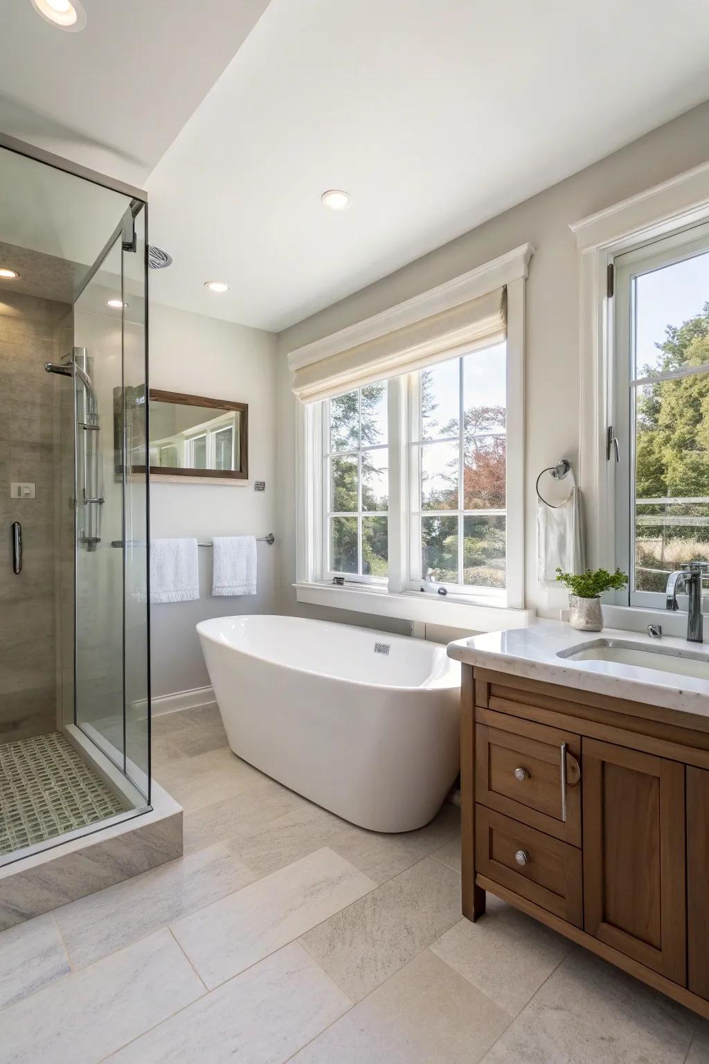 An efficiently arranged bathroom showcasing a centrally situated tub.
