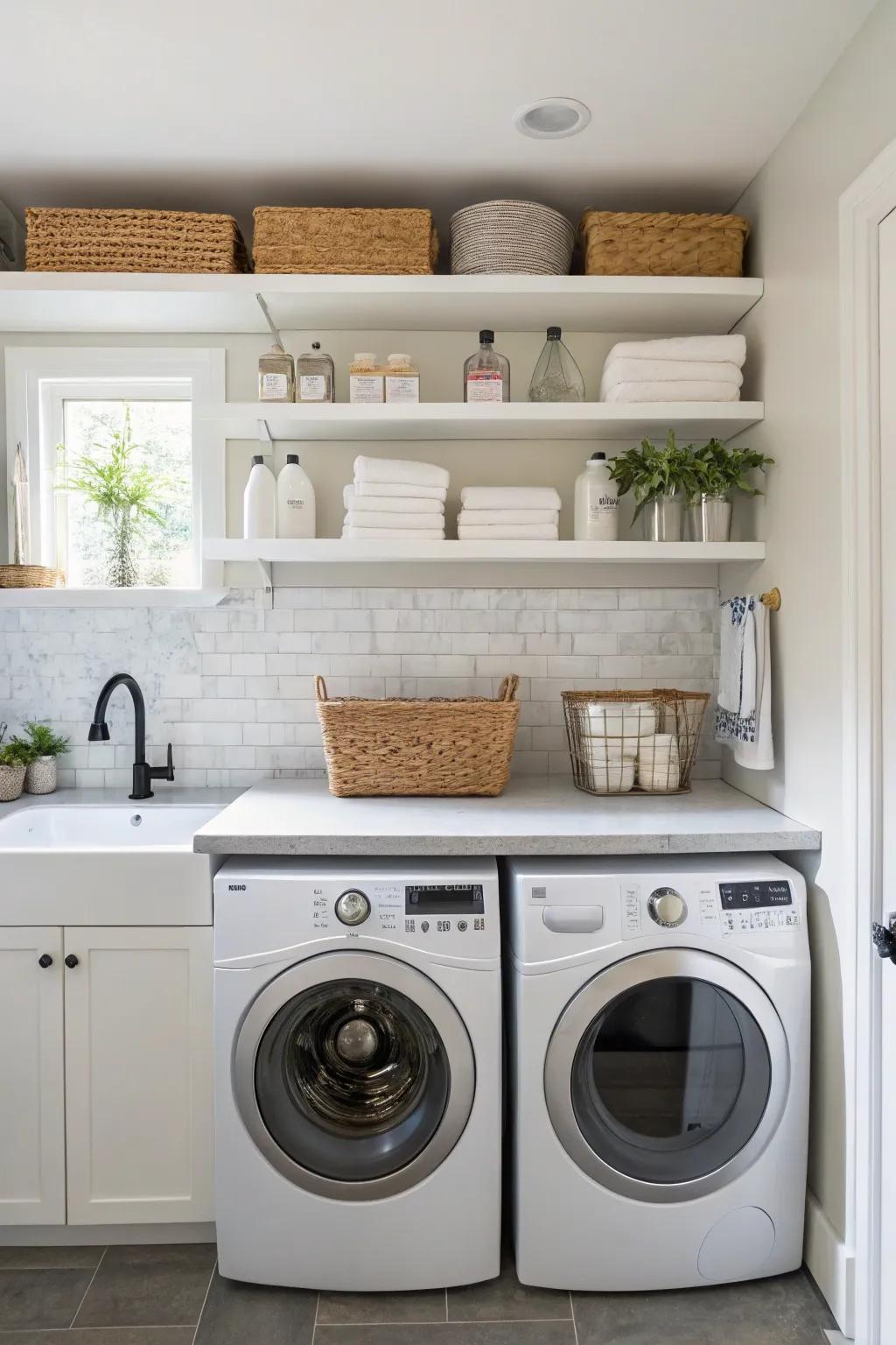Shelving without supports presents practical storage above washing units.