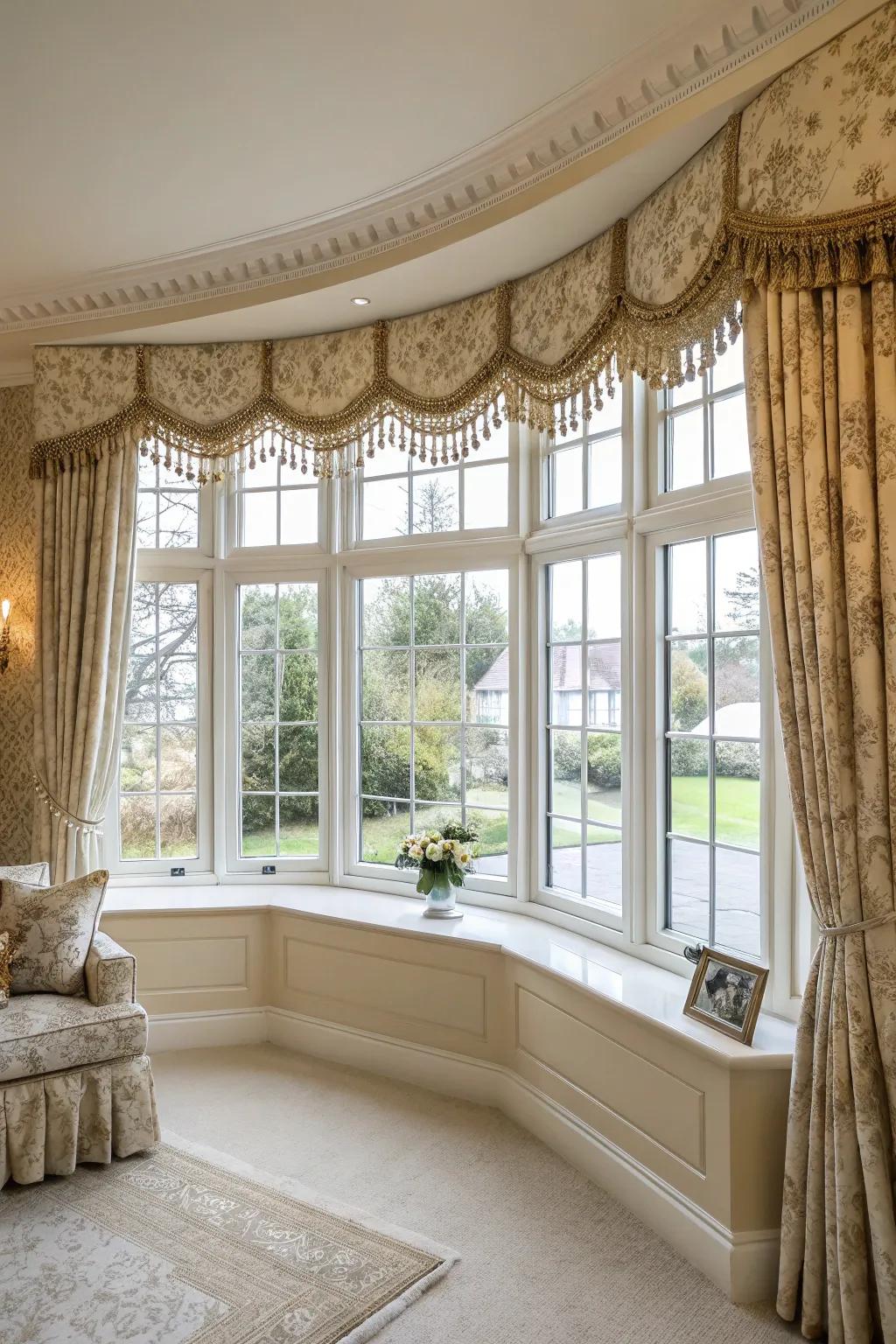 Valances and headings add an elegant touch to bay windows.