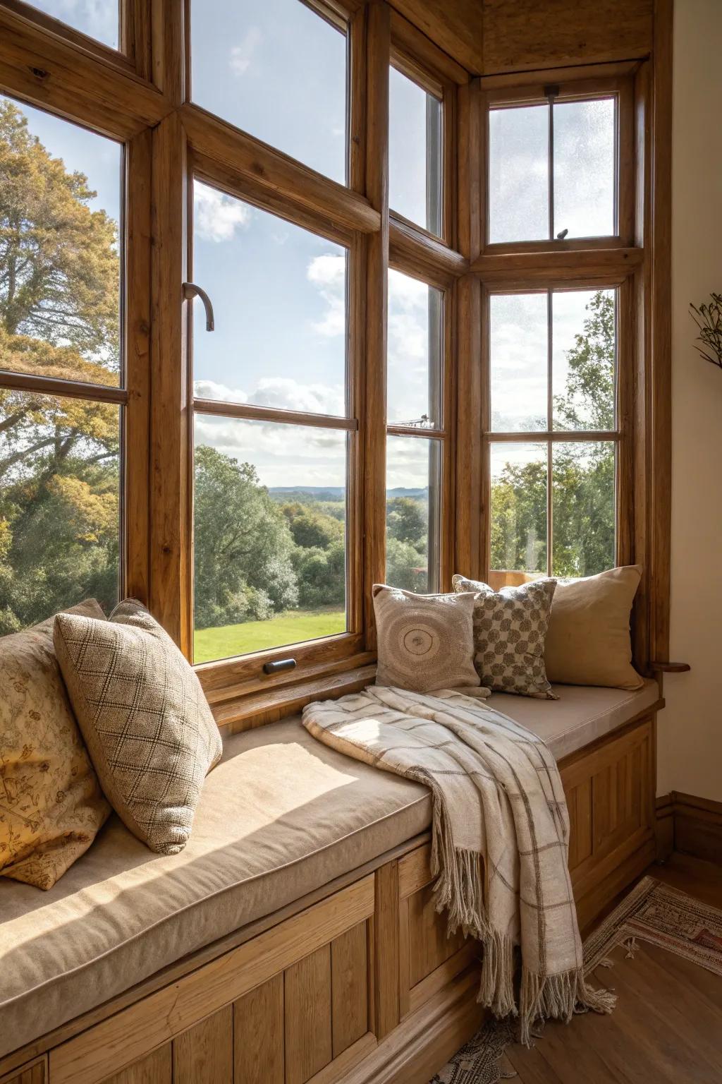 Warm up your bay window with earthy and natural-textured cushions.