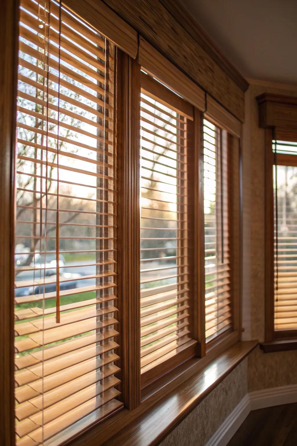 Wood blinds impart warmth and natural beauty.