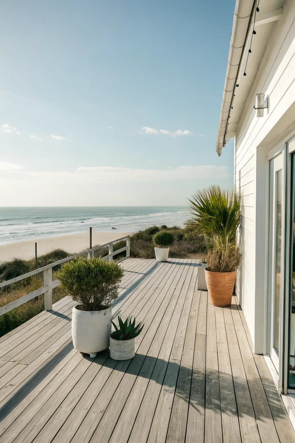 A polished wood deck presenting stunning views of the ocean.