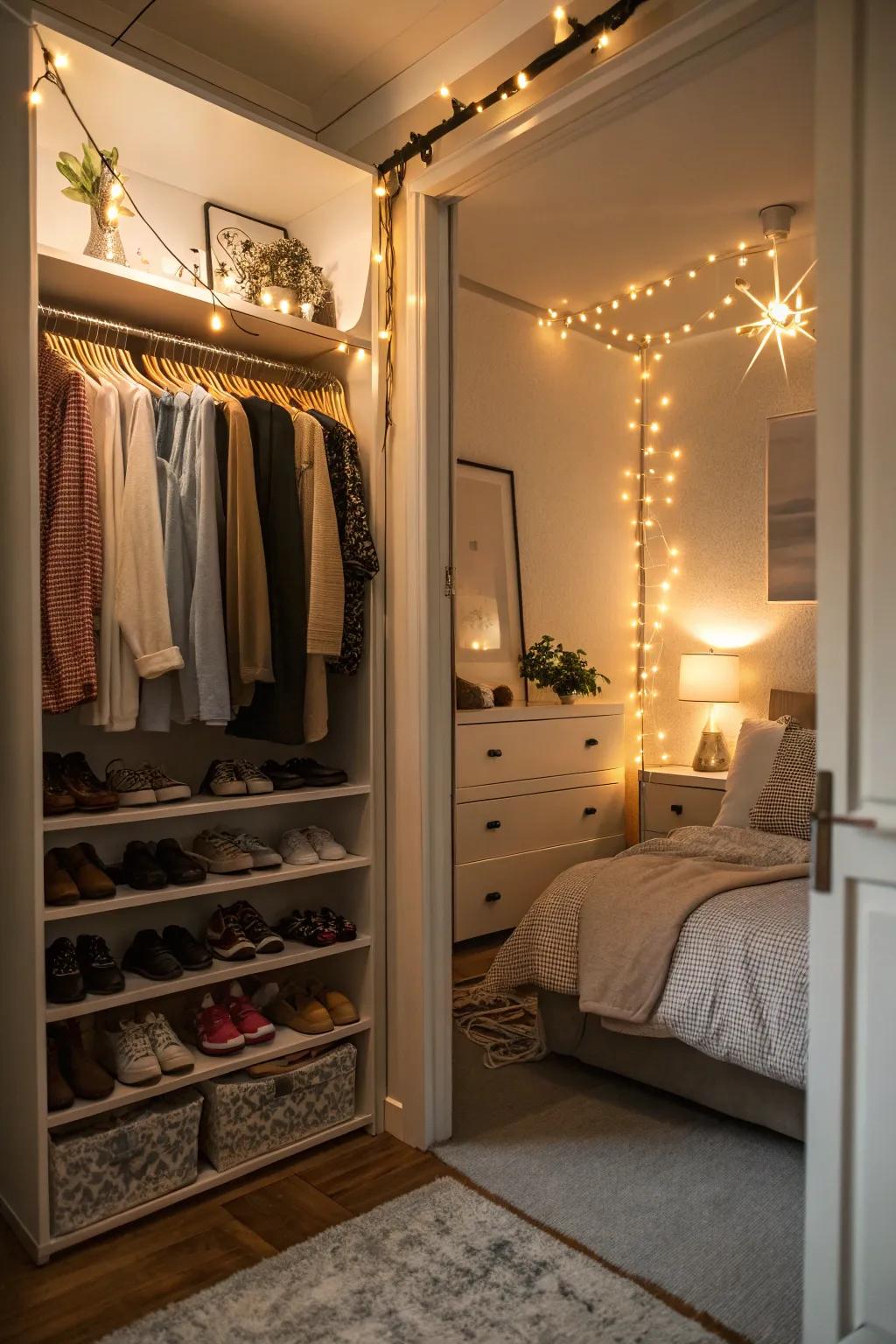 Ambient lighting adds warmth and charm to your closet bed.