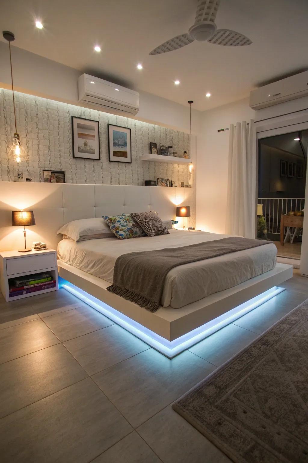 Floating beds fashion a breezy, contemporary ambiance.
