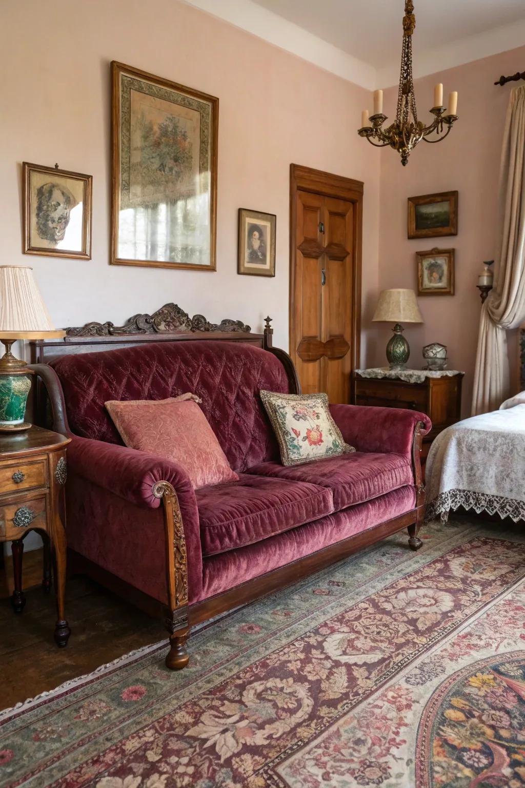 A vintage velvet sofa in a bedroom, exuding elegance and comfort.