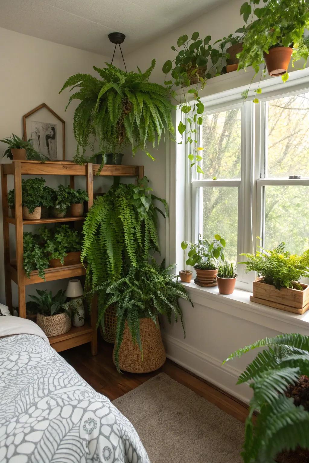 Indoor plants introduce a natural, vibrant element to the bedroom.