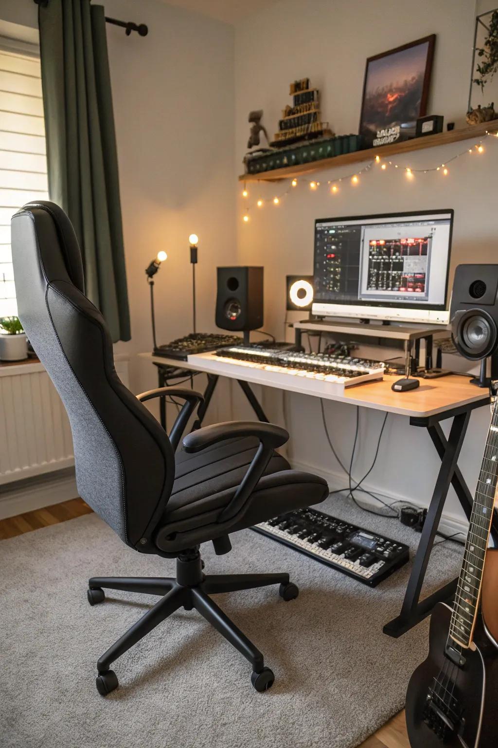 Supportive seating is crucial for ensuring comfort during long stretches of music production.