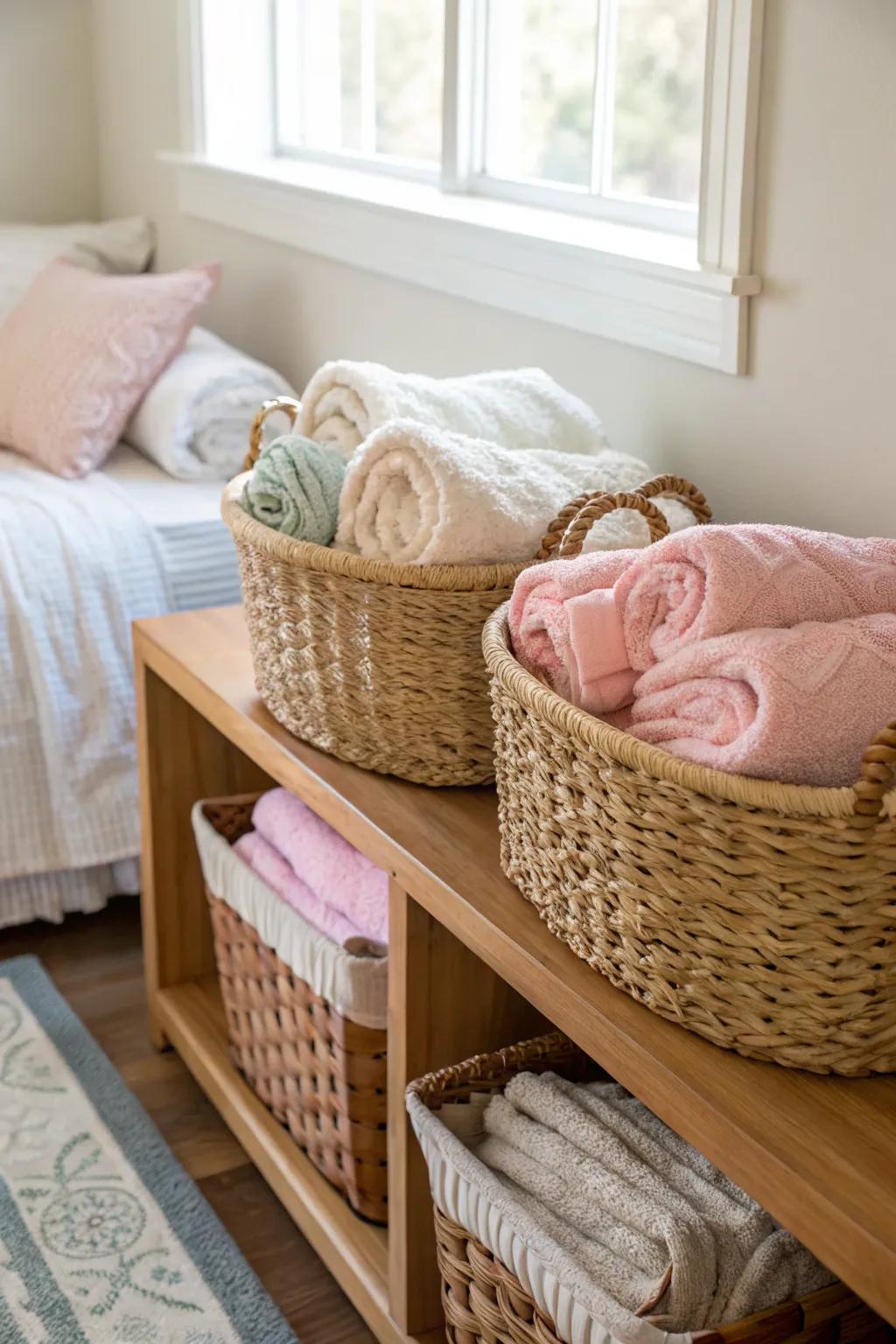 Improve your bedroom's style with chic storage baskets.