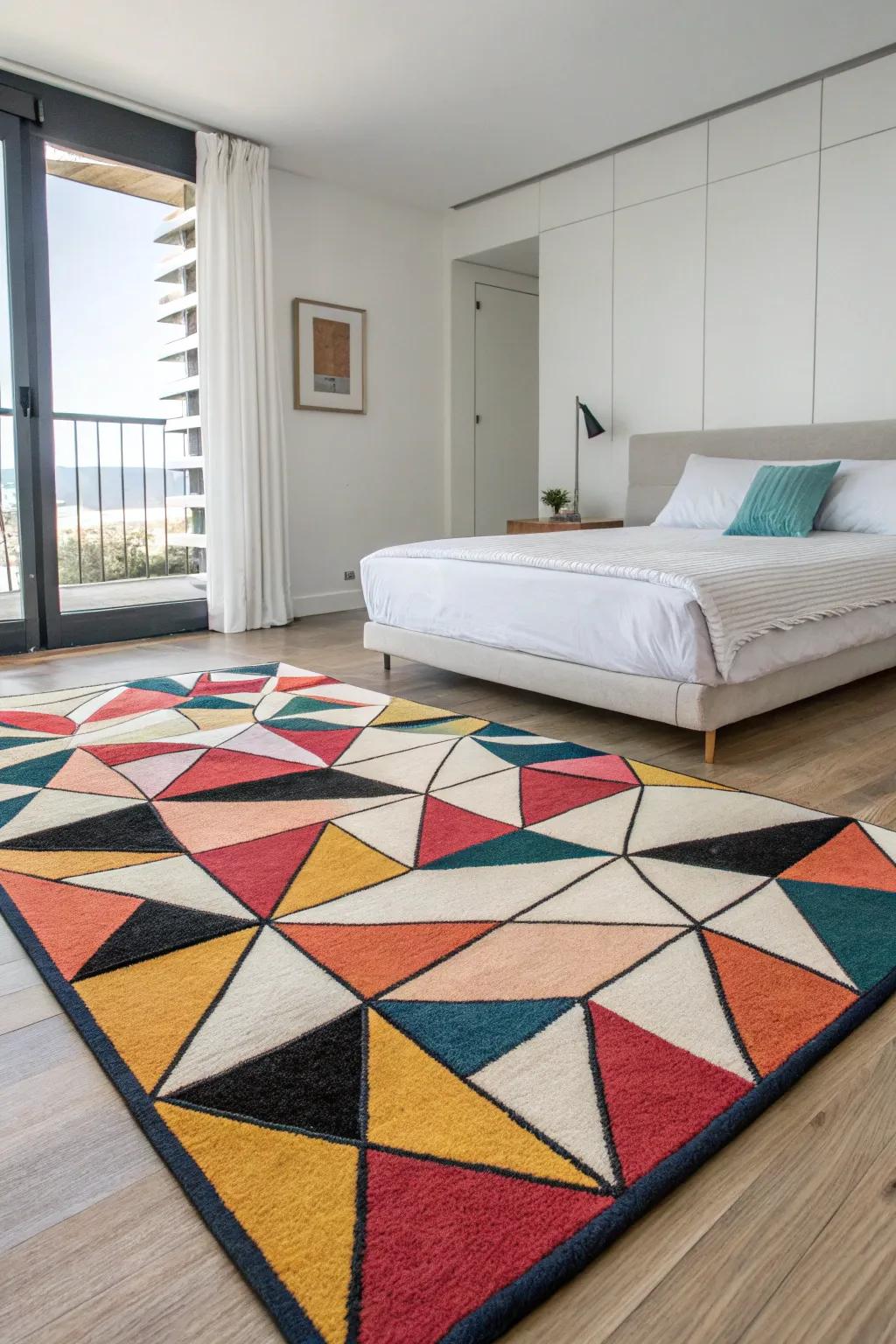 Geometric floor coverings add a modern touch to bedroom design.
