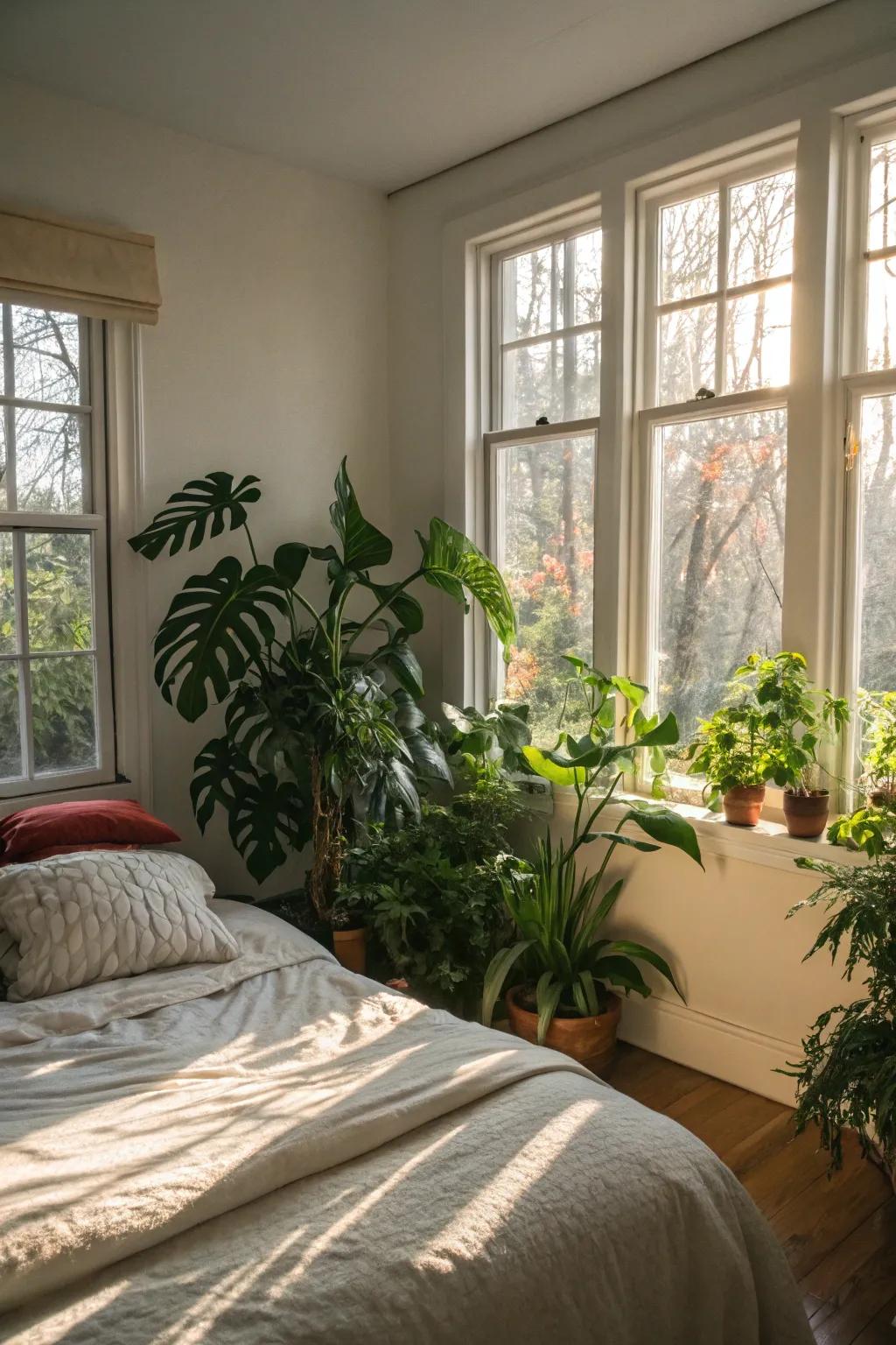 A bedroom filled with plants and natural light.