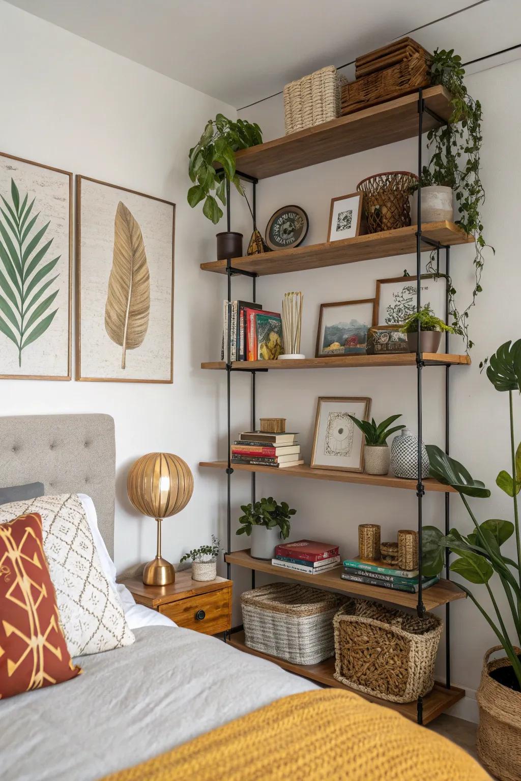 Asymmetrical designs contribute a distinct sophistication to bedroom shelving.