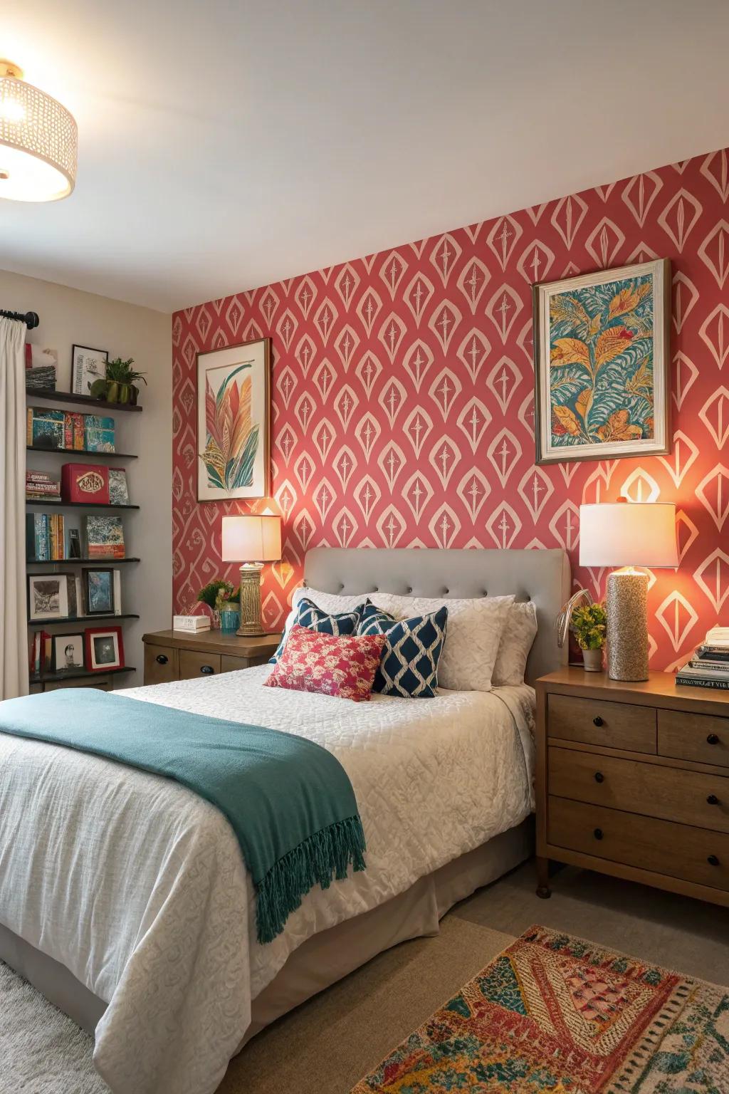 An accent wall introduces a burst of individuality to this chamber.