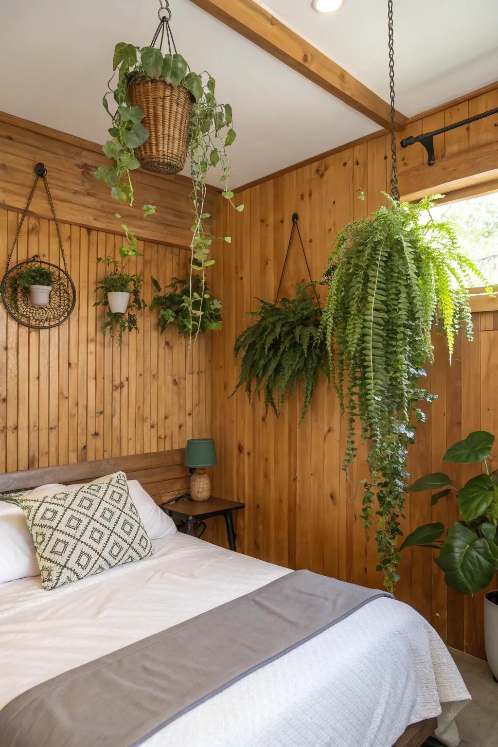 Natural features like wood and greenery create a peaceful, natural bedroom feeling.