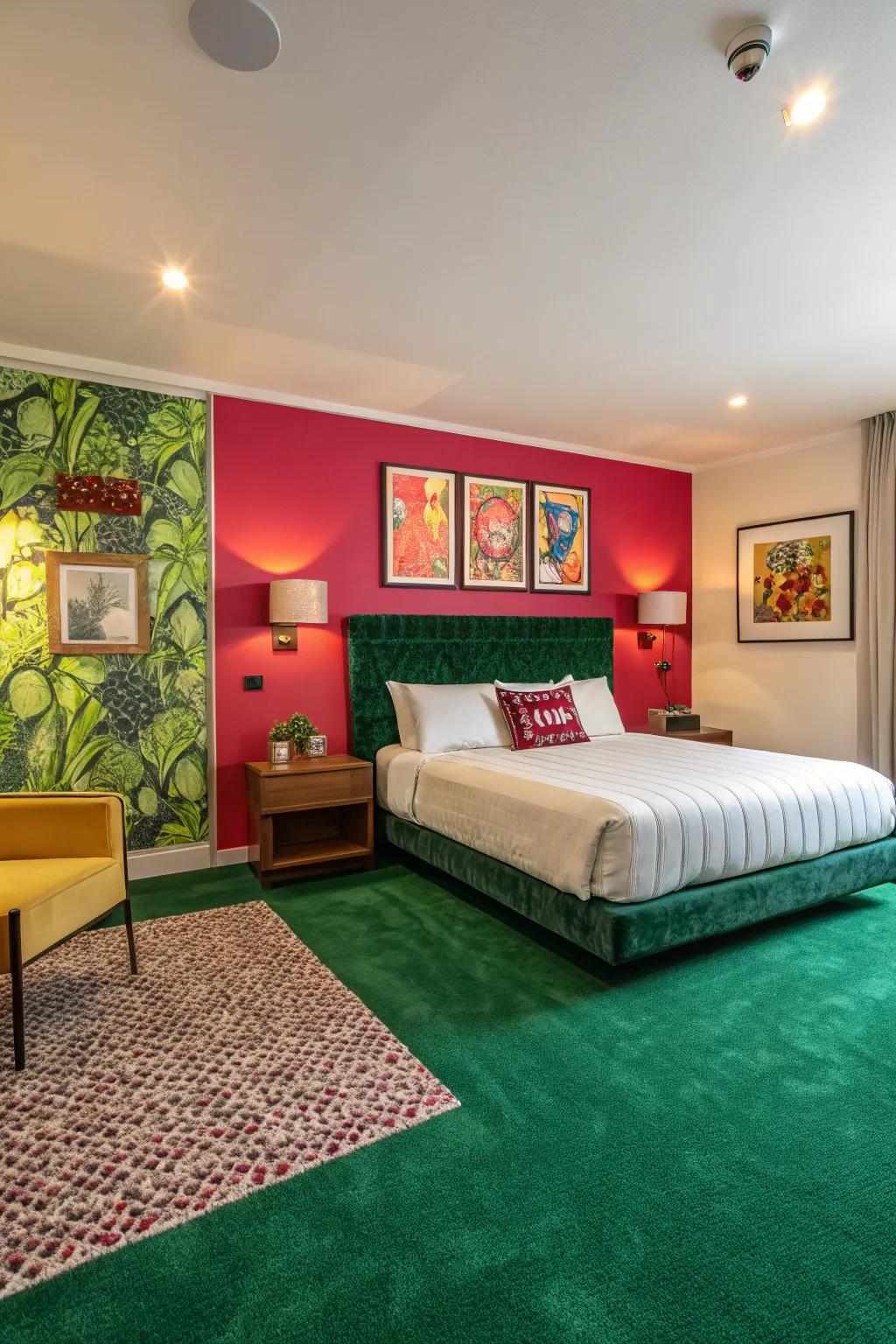 An accent wall injects character and vibrancy into the bedroom, enhancing the emerald floor covering.