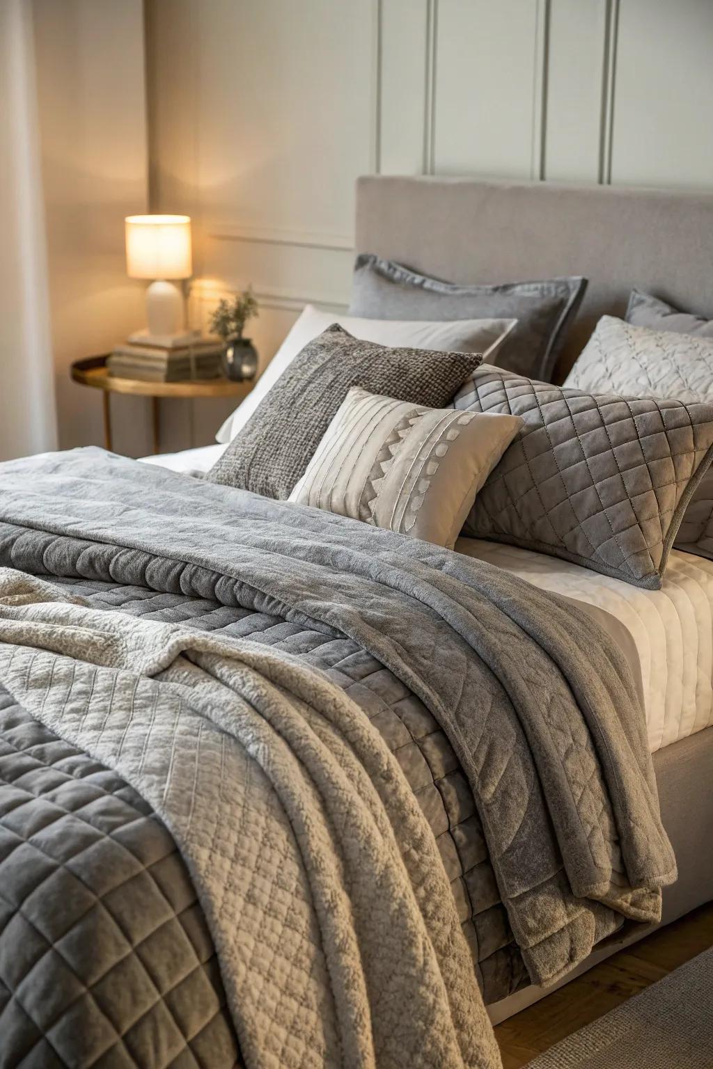 Layered grey bedding creating a peaceful sleeping area.