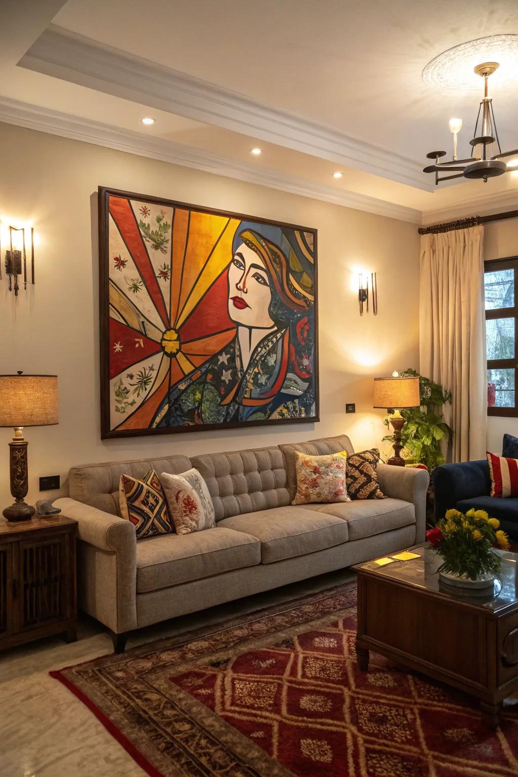 A wall can be transformed into a statement piece by a large artwork.