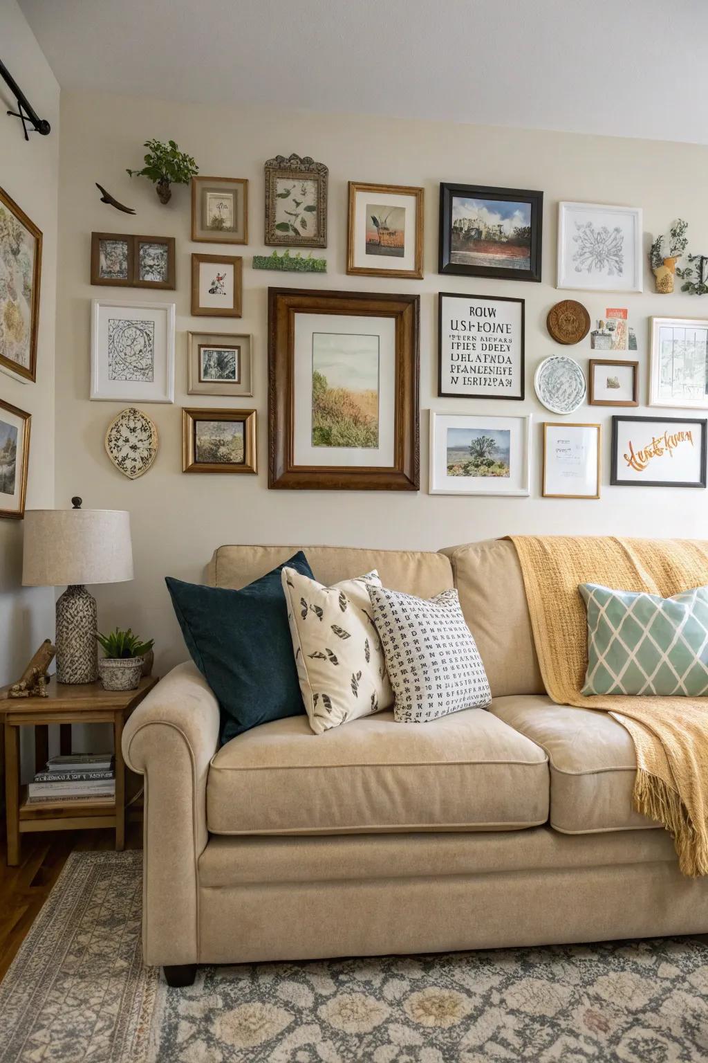 A creative display wall infuses character into a living area with a sand-toned sofa.