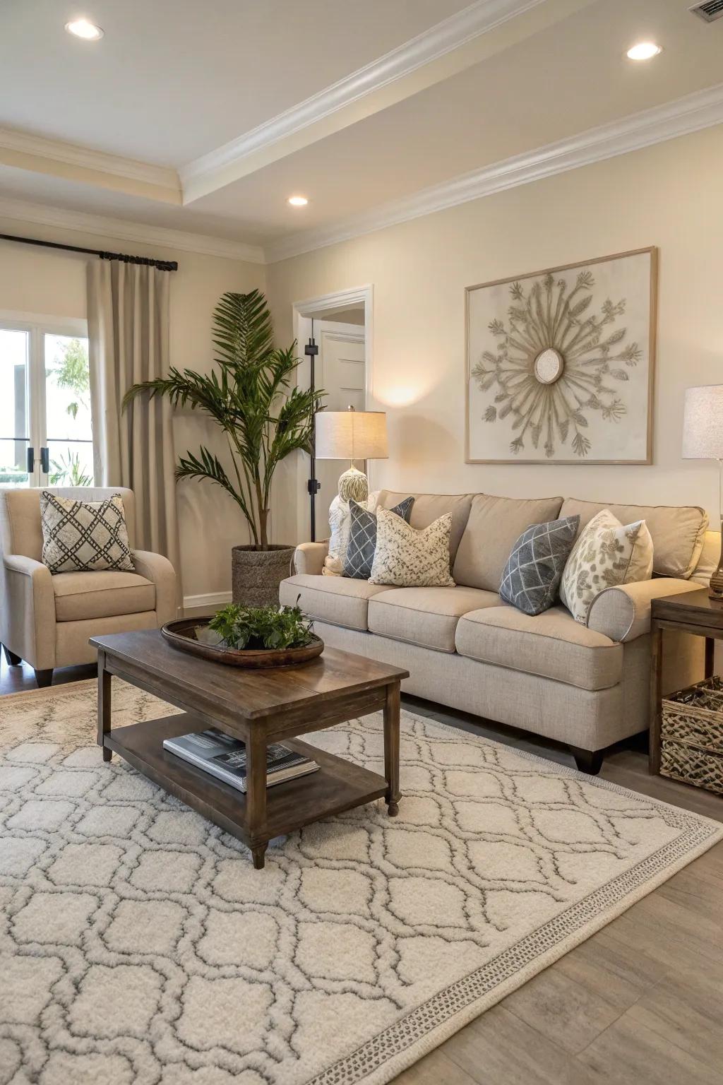Gray enhances beige, adding depth and differentiation.