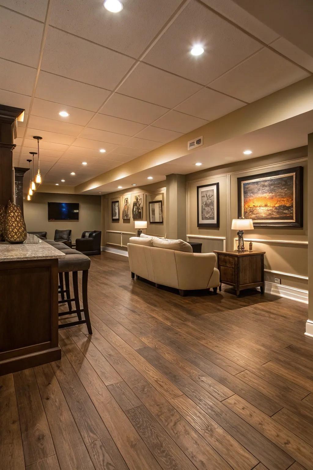 Manufactured wood brings a classic sophistication to basement rooms.