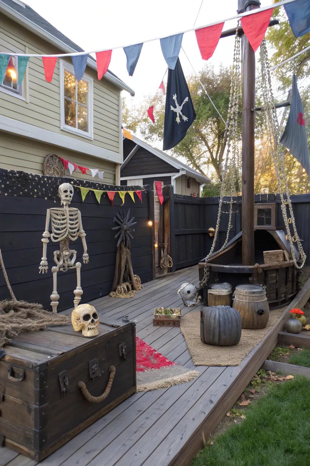 Embark on a buccaneer boat escapade with a seafaring Halloween display.