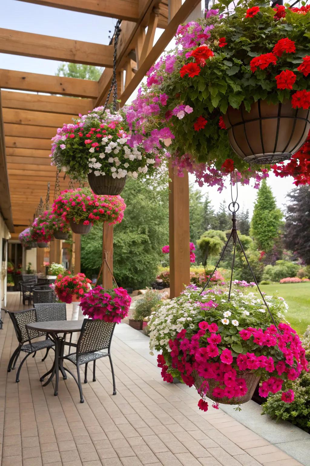 Brighten your patio with hanging begonias.
