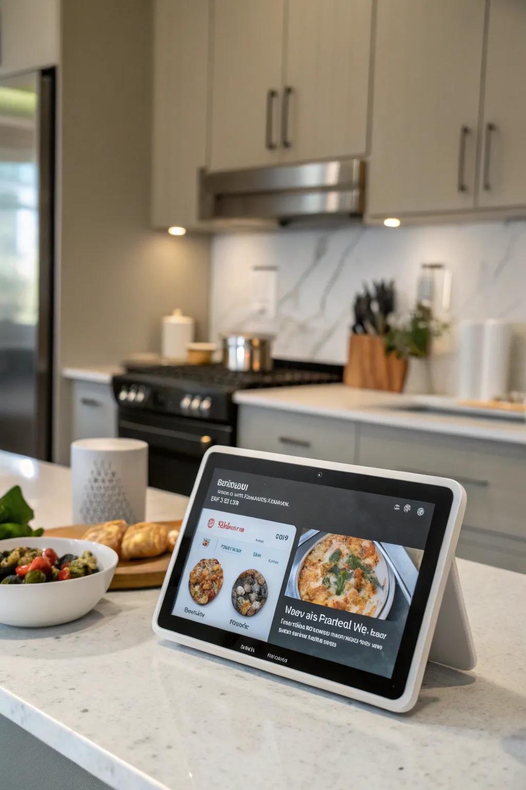 A smart interface functions as a versatile cooking area assistant, providing recipes and controlling home devices.