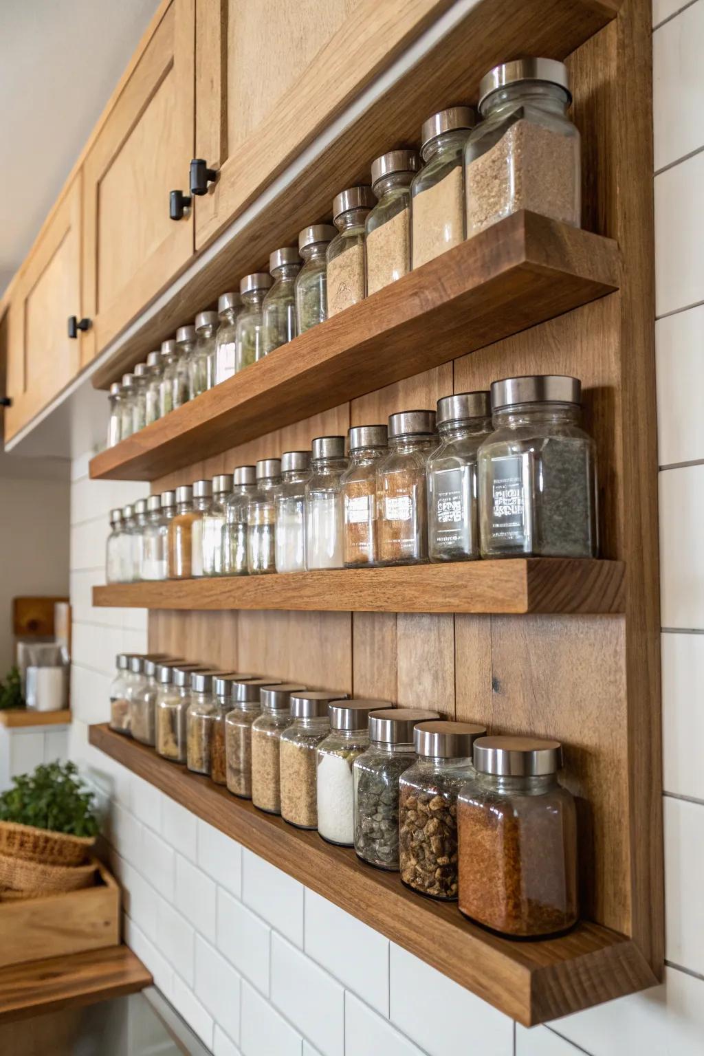 Wall-mounted shelves transform spices into d&eacute;cor.