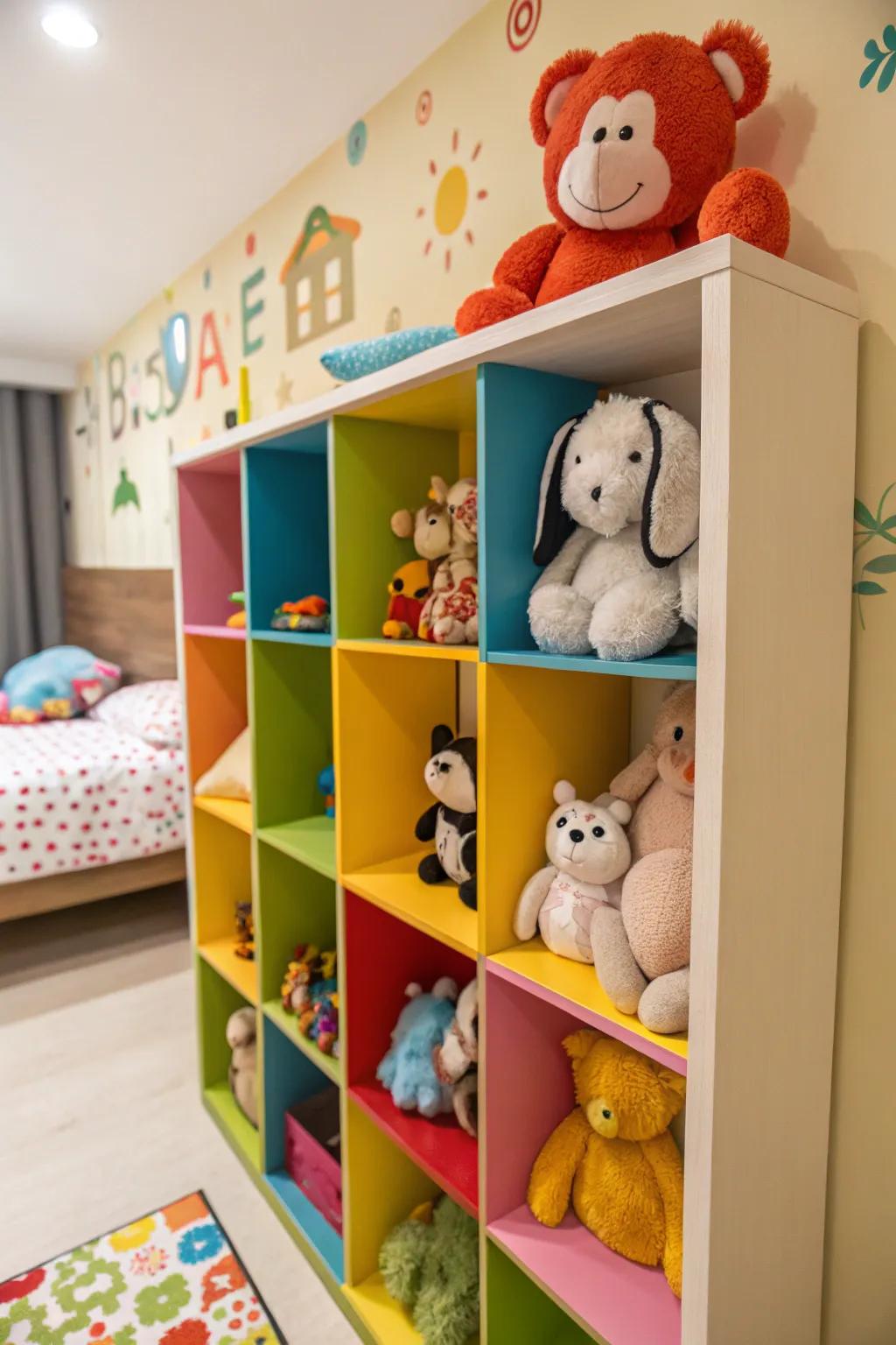 Shelves offer both storage and vibrant decor.