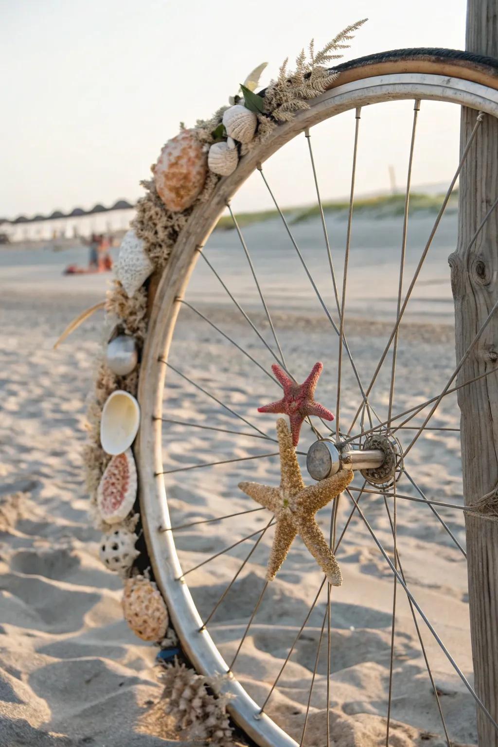 A seaside-inspired bicycle wreath featuring seashells and sea stars for a coastal impression.