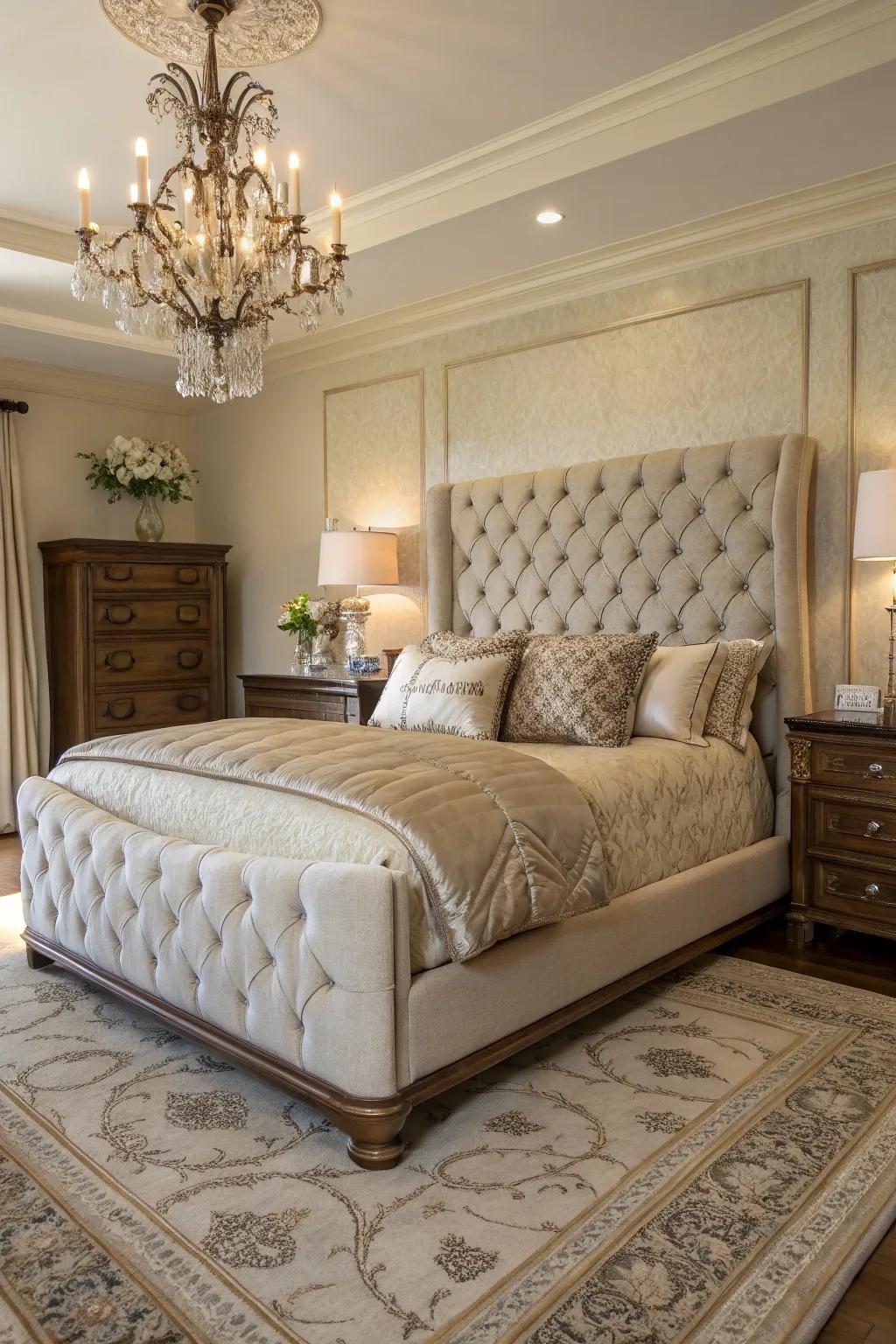 A luxurious bedroom featuring a large upholstered bed and sophisticated furnishings.